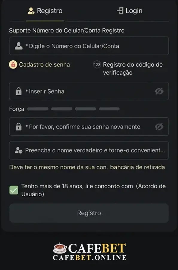 Jogador criando conta na CAFEBET cassino.